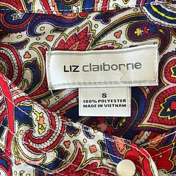 Liz Claiborne Button Front Red & Blue Paisley Long Sleeve Blouse Size Small - Picture 4 of 6